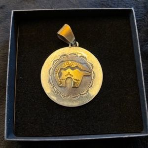 Navajo vintage Bear Pendant -SIGNED- RJ, Sterling silver and 12K gold filled